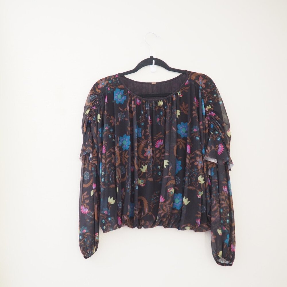 !! Free People Black Wildflower Honey Floral Long Sleeve Lined Mesh Top - Picture 4 of 8